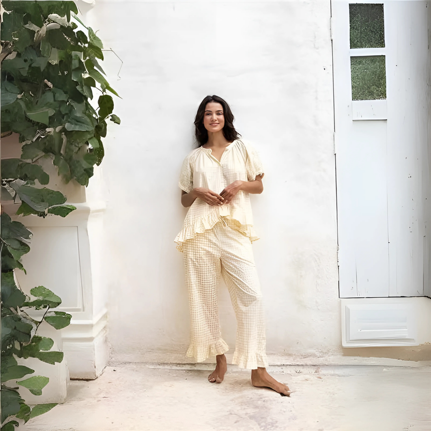 Stine | Casual Set with Checkered Top with Puff Sleeves and Pants