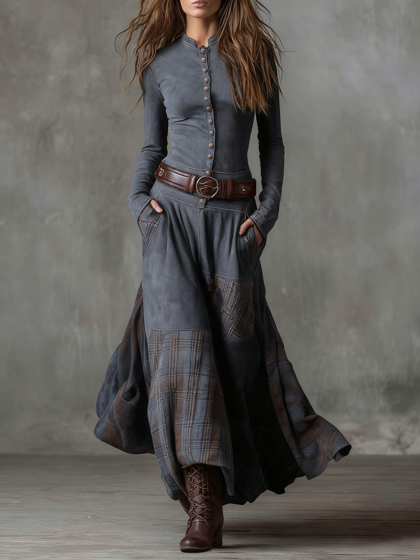 Zoë | Vintage Suede-Effect Plaid Maxi Dress