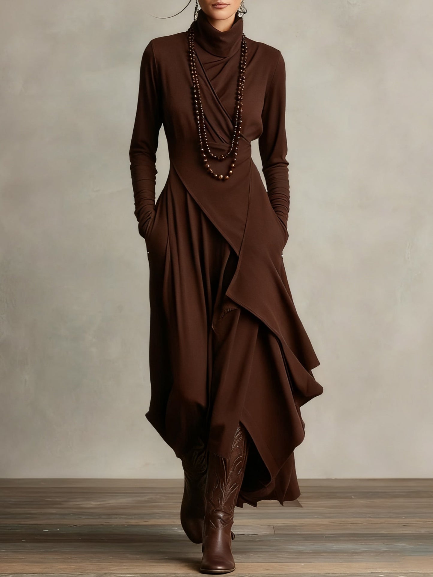 Elysian | Asymmetrical Pleated Maxi Dress with Turtleneck