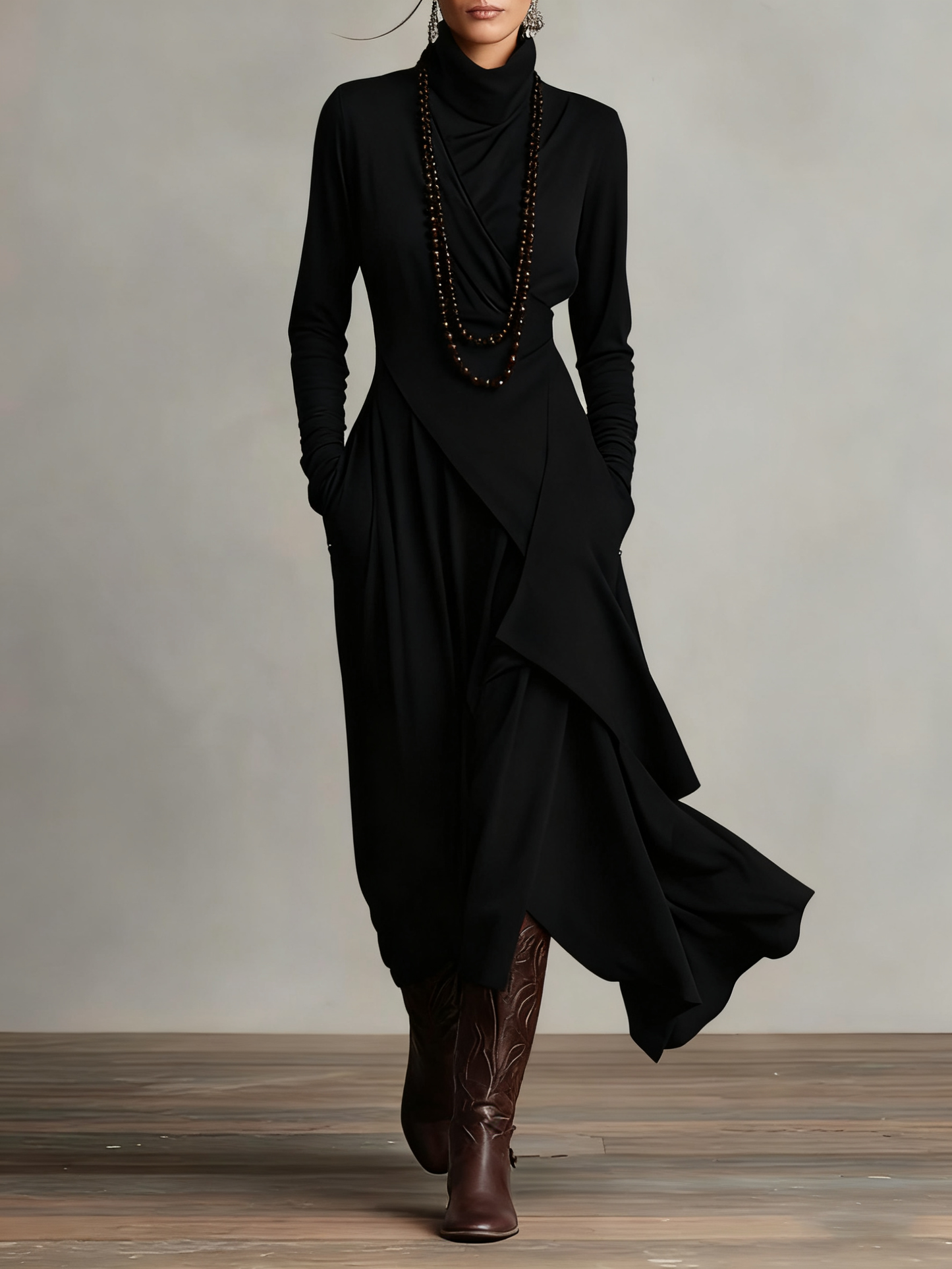 Elysian | Asymmetrical Pleated Maxi Dress with Turtleneck