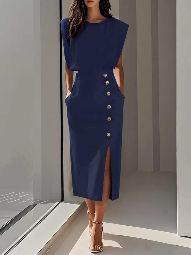 Genevieve | Solid Midi Dress with Button Slit and Round Neckline