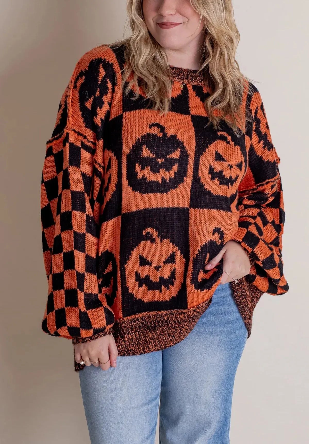 Spooky | Women's Halloween Checkered Sweater - Spooky Season